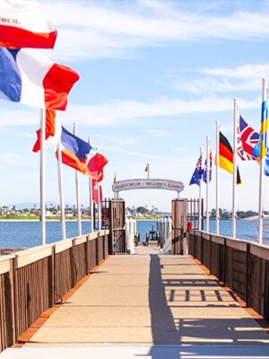 Guests of the Catamaran Resort Hotel and Spa in San Diego, CA walking along the dock to board the William D. Evans Sternwheeler