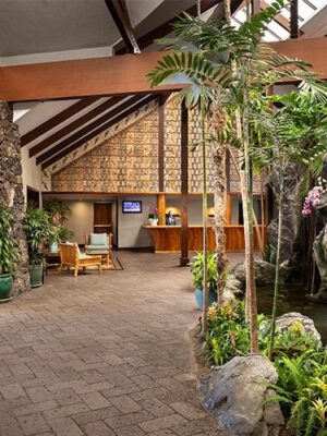 The waterfall in the lobby of the Catamaran Resort Hotel and Spa by Pacific Beach, San Diego, CA