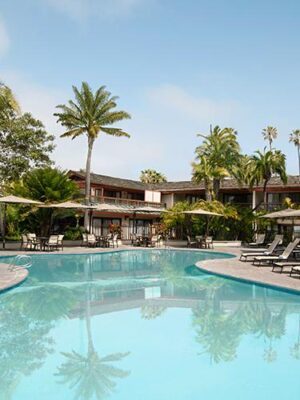 View of the swimming pool at the Catamaran Resort Hotel and Spa by Pacific Beach, San Diego, CA